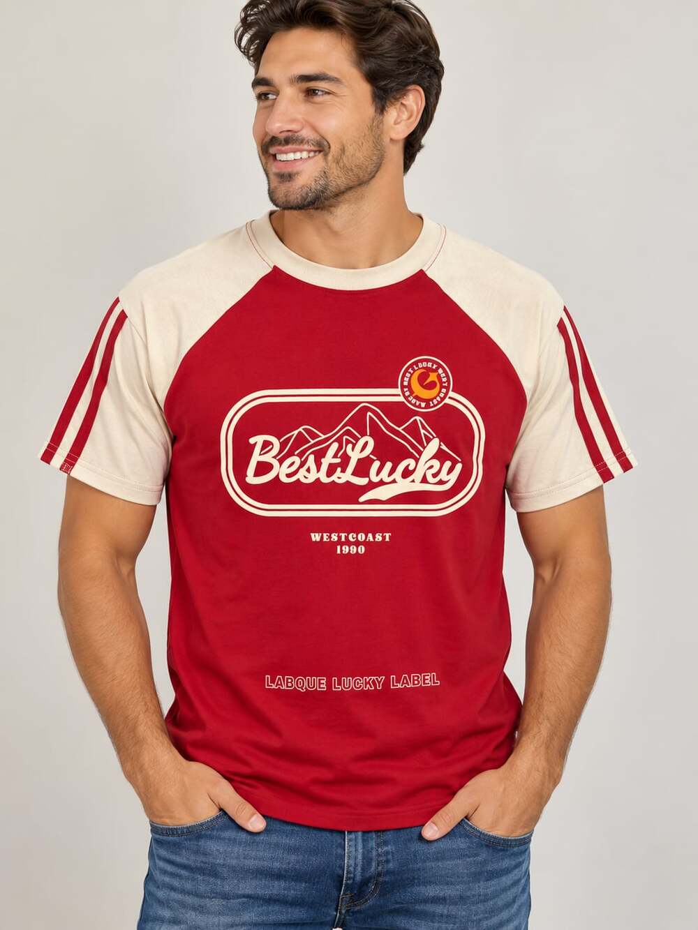 Best Lucky Graphic Ringer T-Shirt Size S Red White Westcoast 1990
